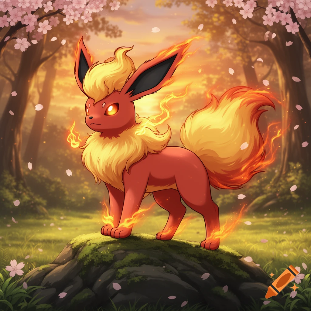 A red and yellow Flareon stands on a mossy rock in a forest with pink cherry blossoms and glowing sunset hues.