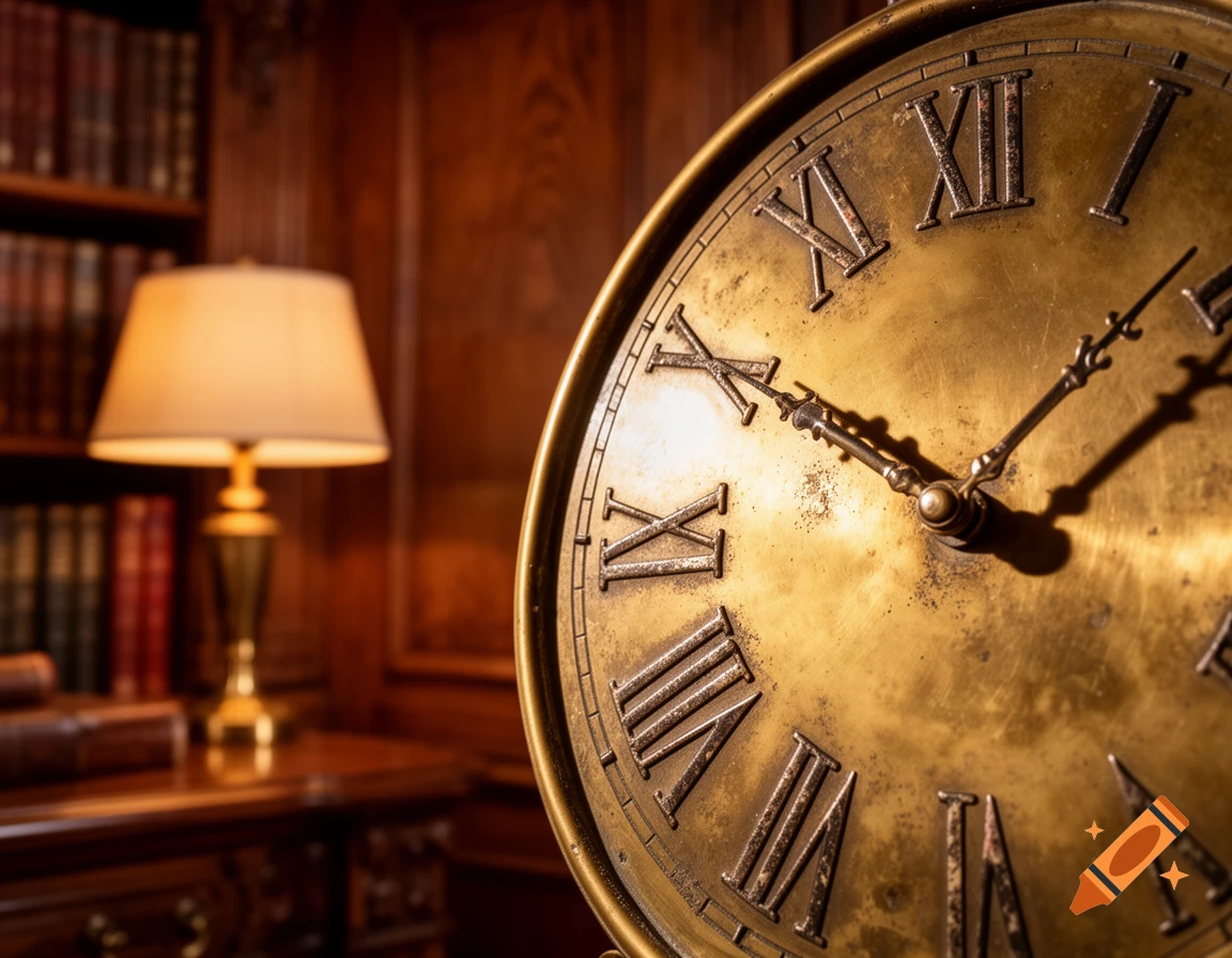 A close-up, photorealistic image of an ornate, antique brass clock face with Roman numerals, set in a dimly lit, traditional library.
