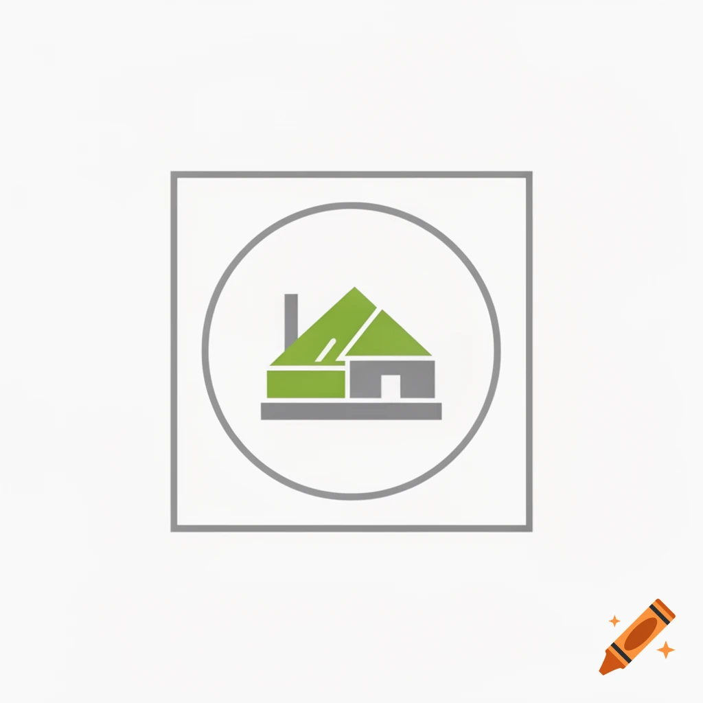 Stylized green and gray house icon within a gray circle and square on a white background.