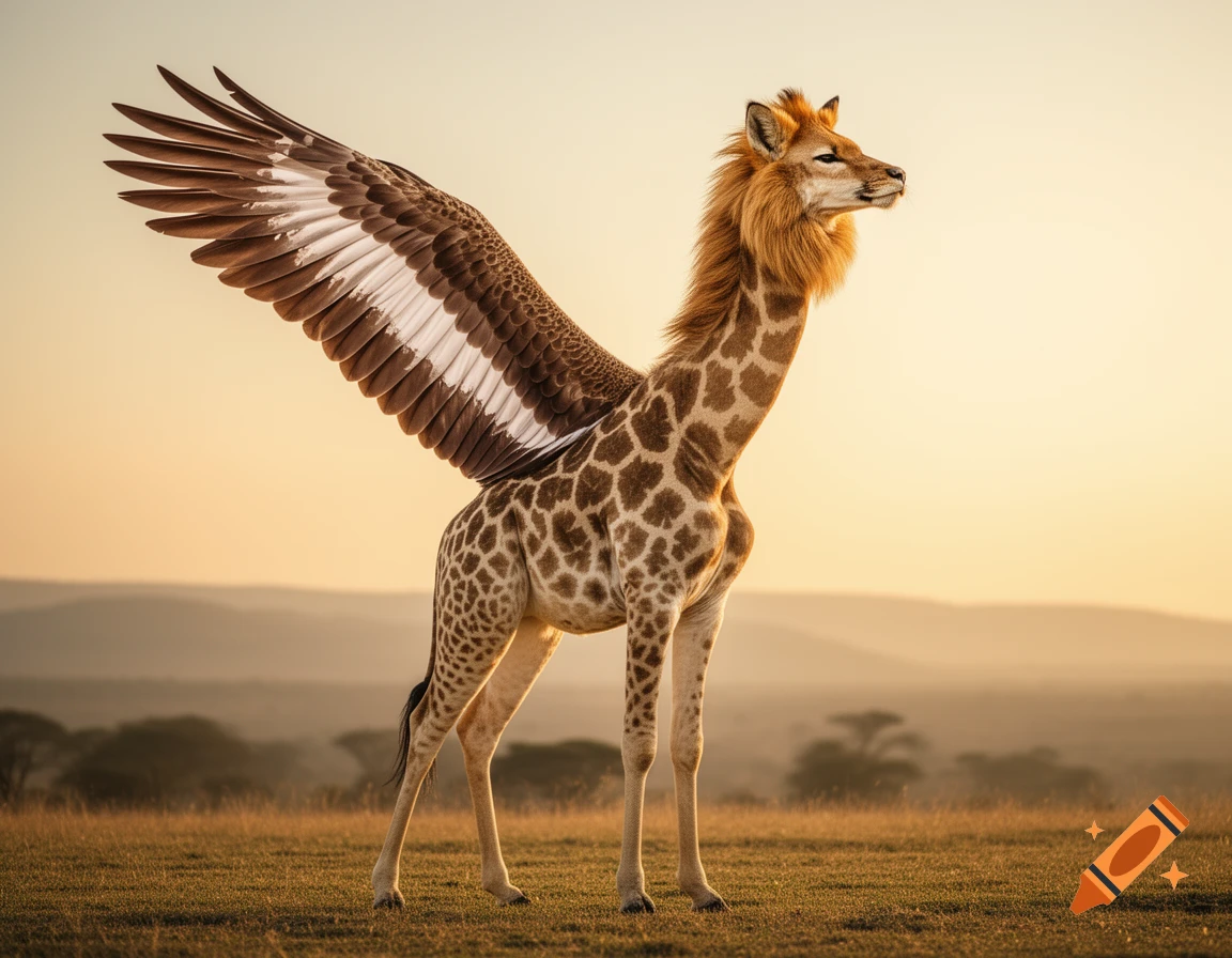 A majestic mythical creature with a giraffe body, lion-like head and mane, and eagle wings stands in a sunlit savanna at sunset.