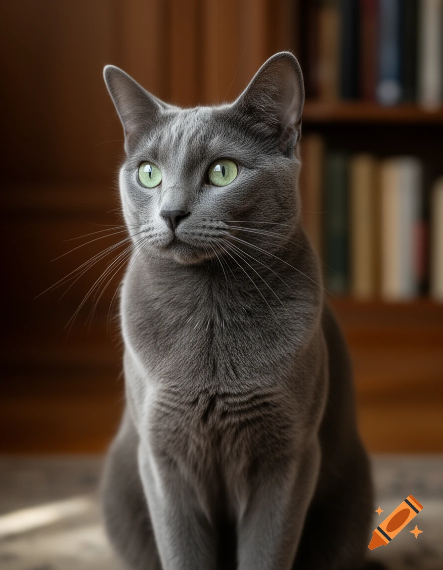 A close-up, photorealistic portrait of a sleek grey cat with vivid green eyes, looking to the left, against a blurred wooden bookshelf background.