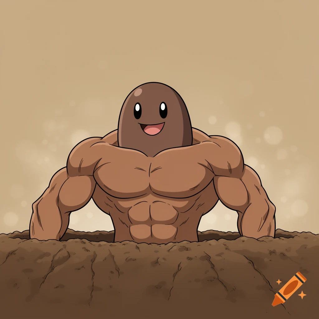 Cel-shaded cartoon of a muscular Diglett with its upper body emerging from the ground.