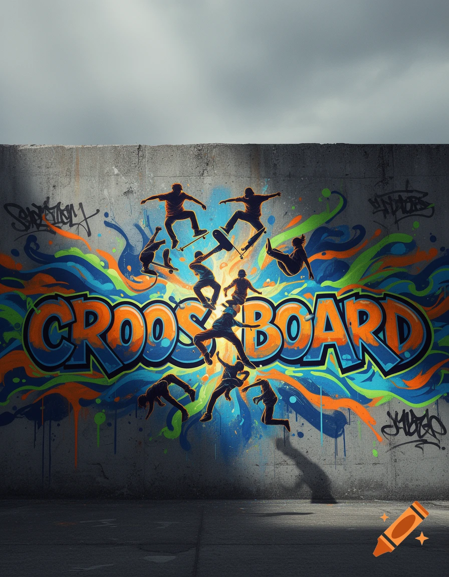 Vibrant graffiti on a concrete wall spells CROOS BOARD with silhouetted skateboarders jumping and flipping around it.