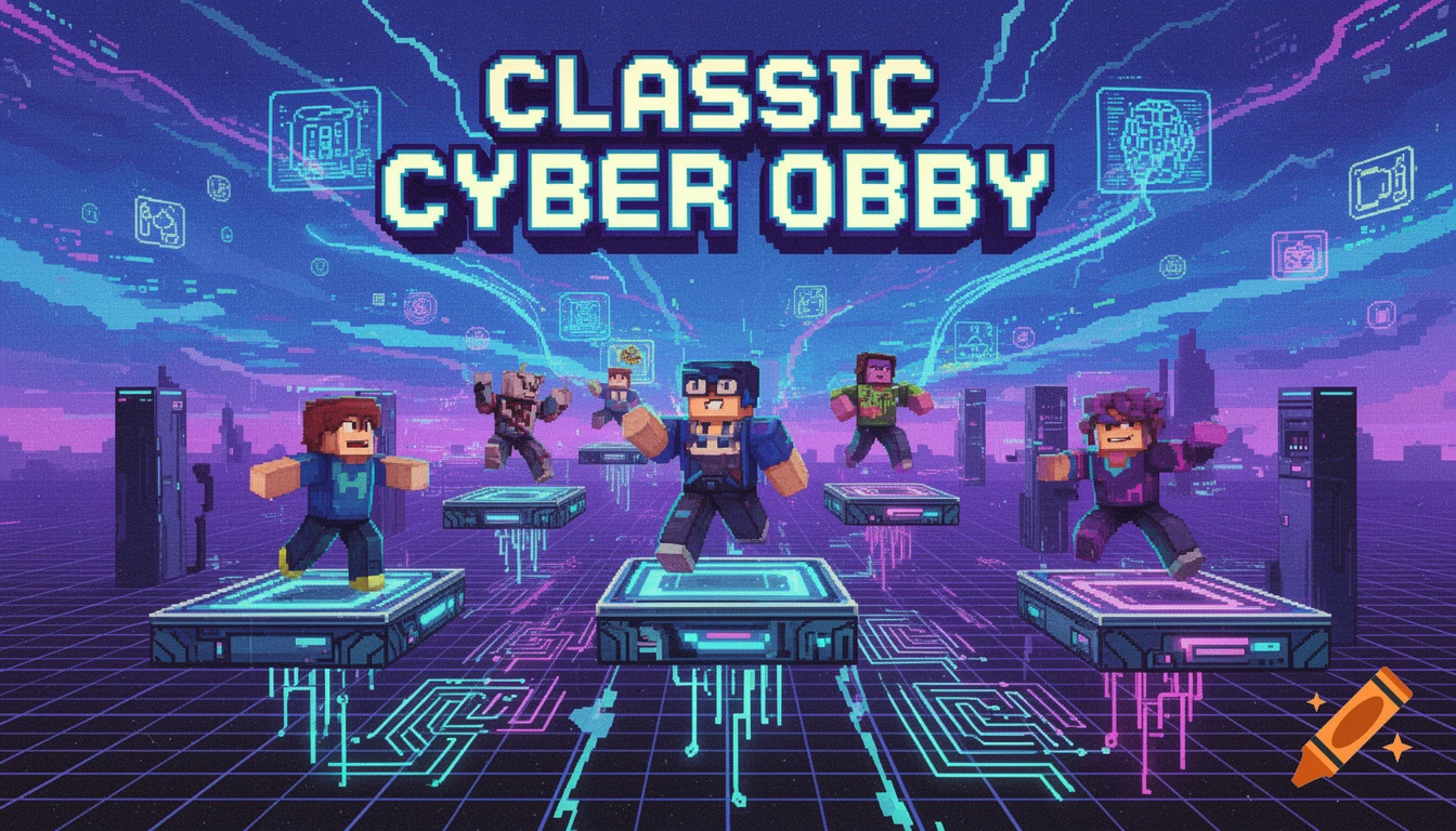 Pixel art style game cover with five blocky characters on floating platforms in a neon cyberpunk city. Text reads 'CLASSIC CYBER OBBY'.