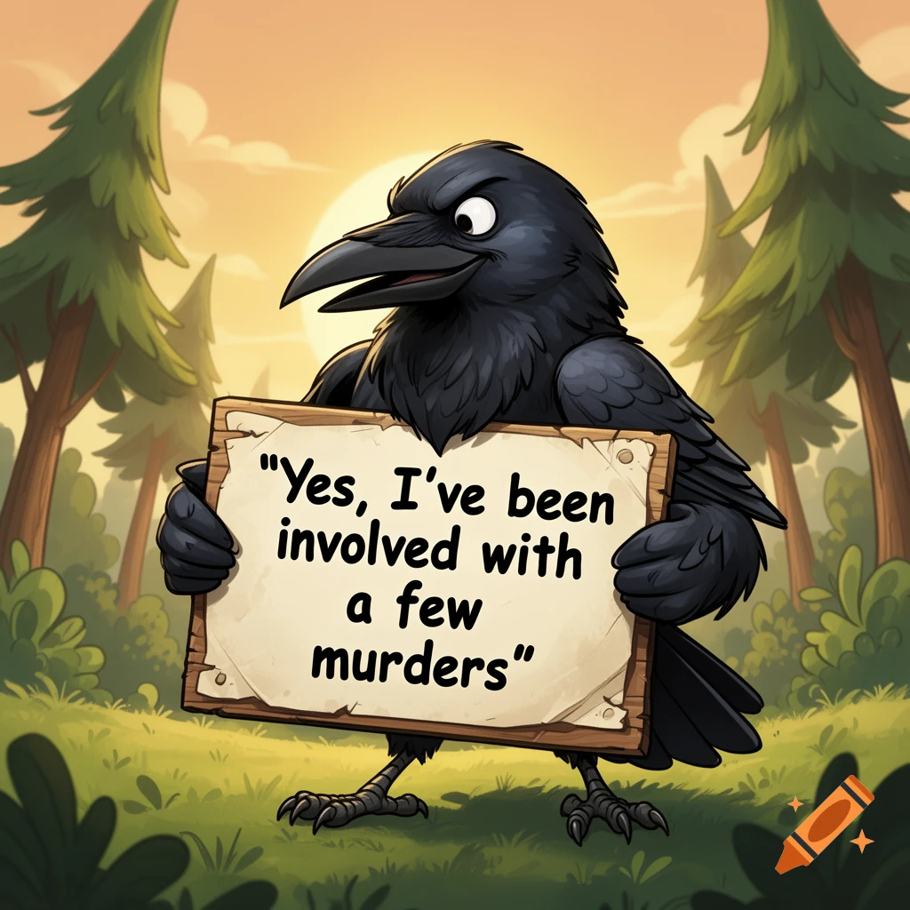 A cartoon crow holds a sign saying "Yes, I've been involved with a few murders" in a forest setting.