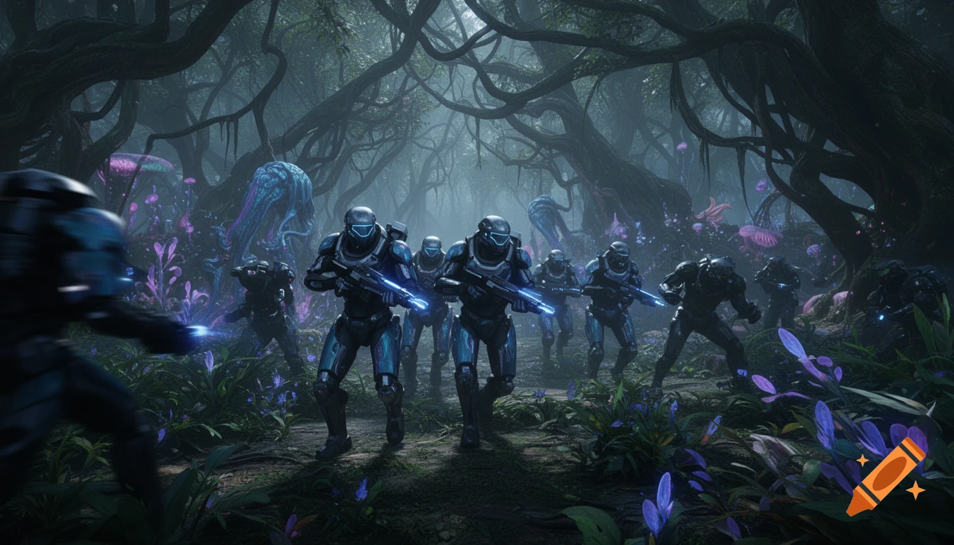 A group of futuristic sci-fi troopers with glowing weapons moves through a dark, bioluminescent alien jungle.