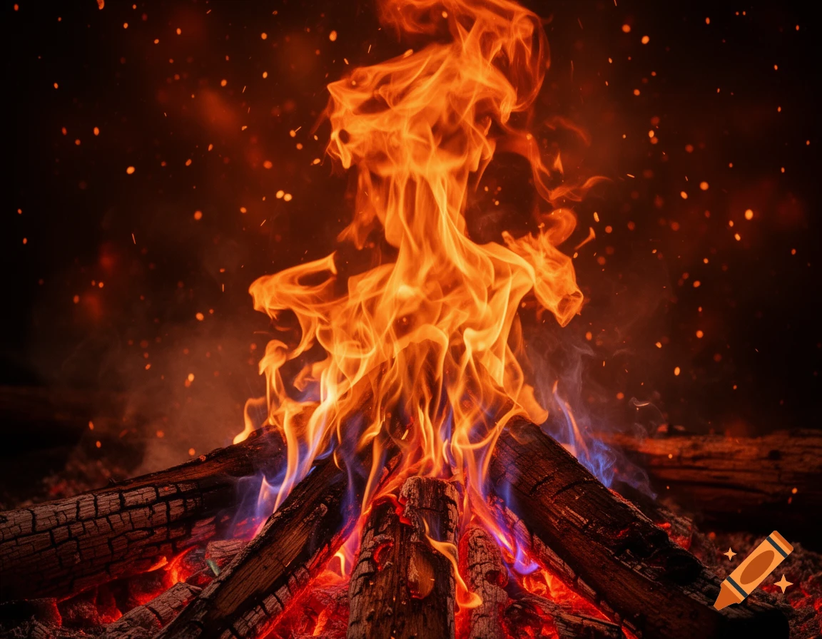 Vibrant campfire with orange and blue flames burning logs, surrounded by glowing embers and smoke against a dark background.