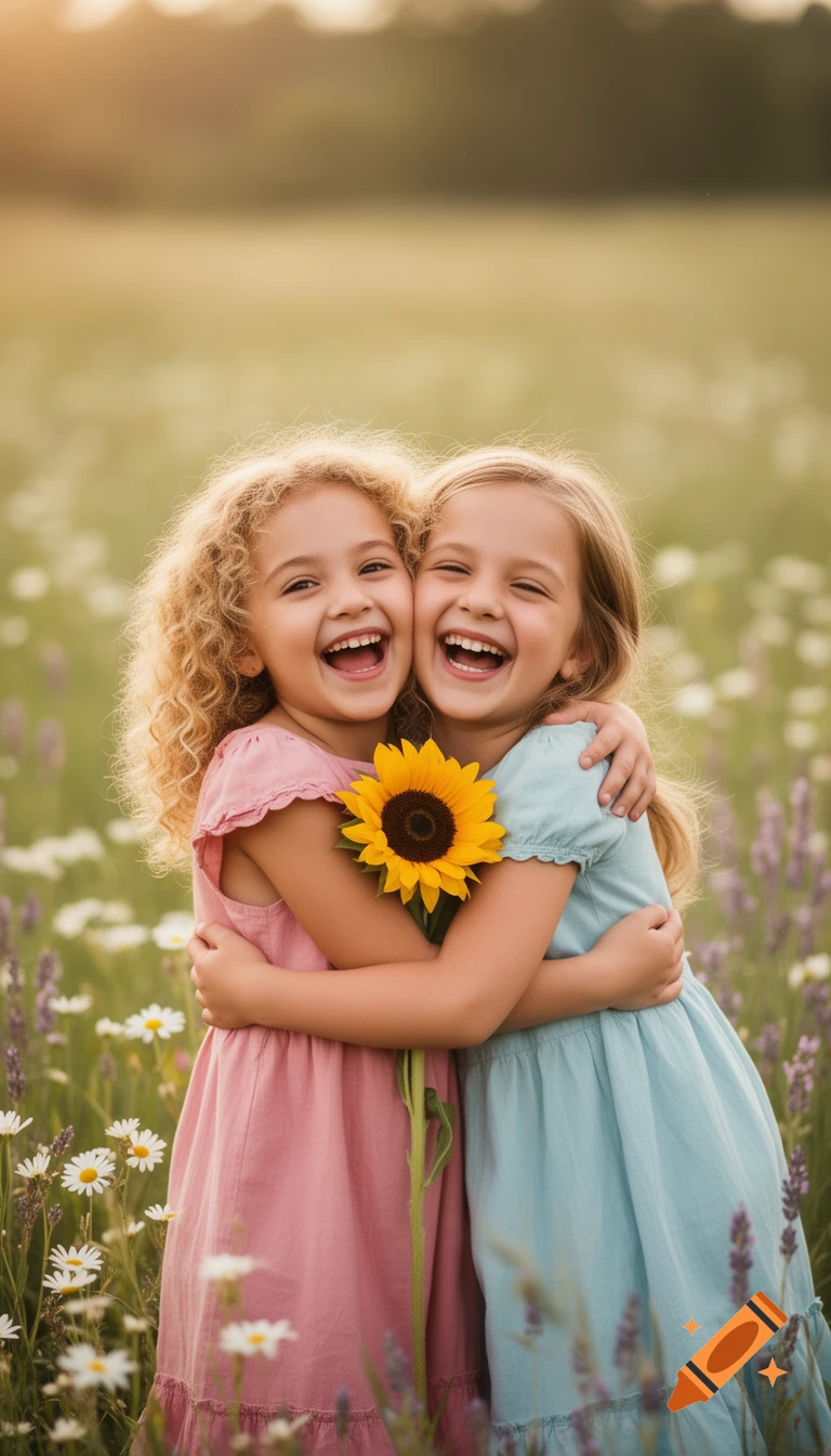 Two smiling young girls with curly and straight hair hug in a sunny field, one holding a sunflower, with a soft focus background.