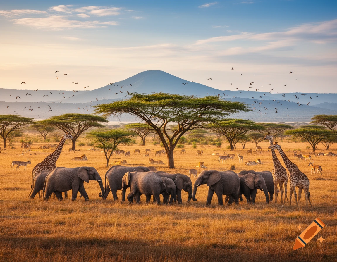 Vibrant photorealistic African safari scene with elephants, giraffes, zebras, and antelopes grazing in a golden savanna with acacia trees.