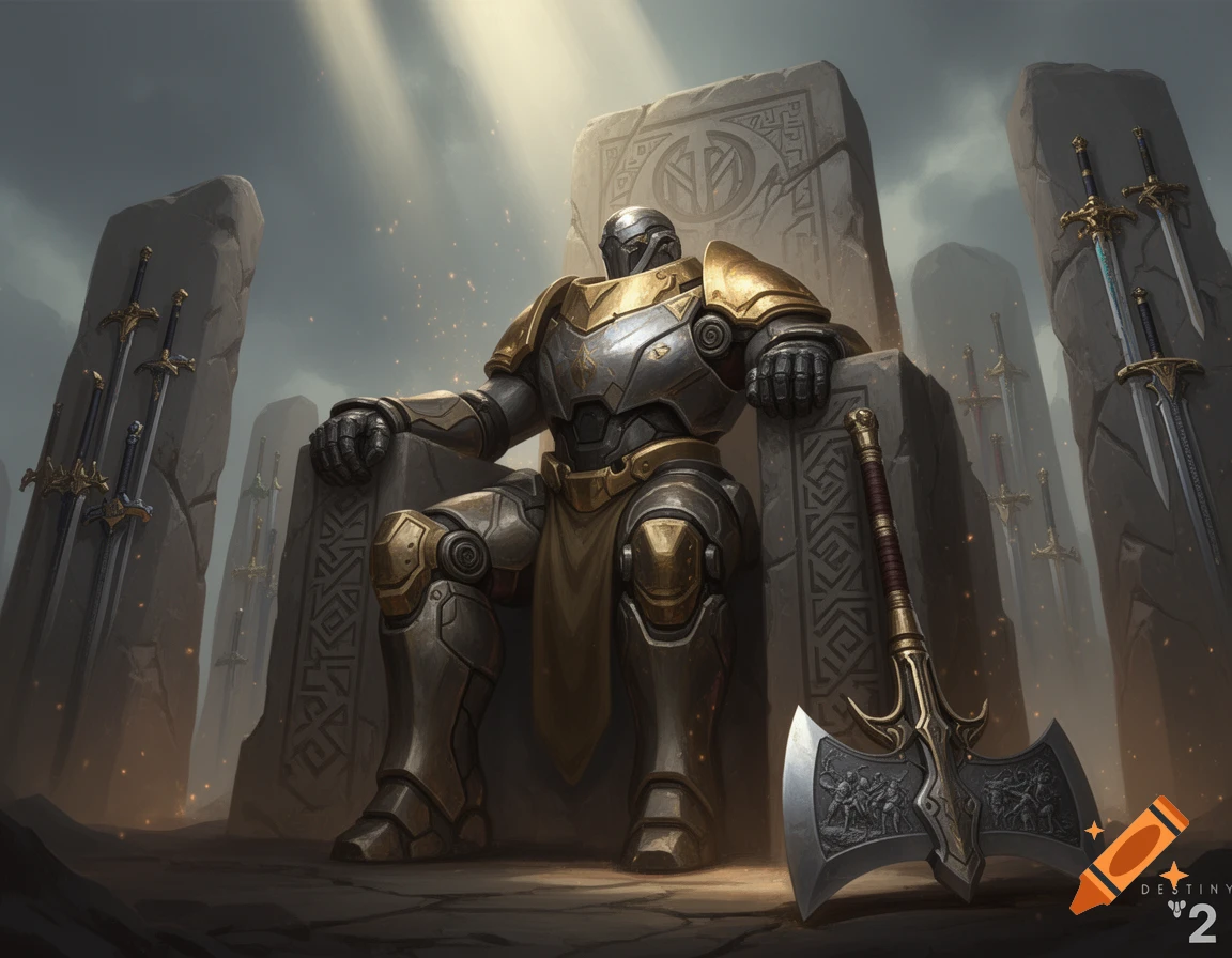 An armored figure in gold and silver armor sits on a stone throne with an axe beside it. Numerous swords are embedded in stone slabs behind them.