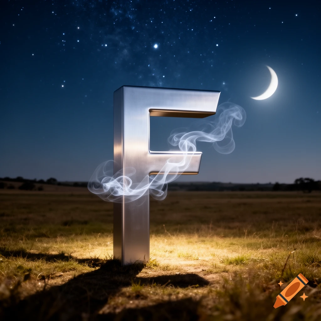 A glowing metallic letter F stands in a grassy field at night with smoke, under a starry sky and crescent moon.