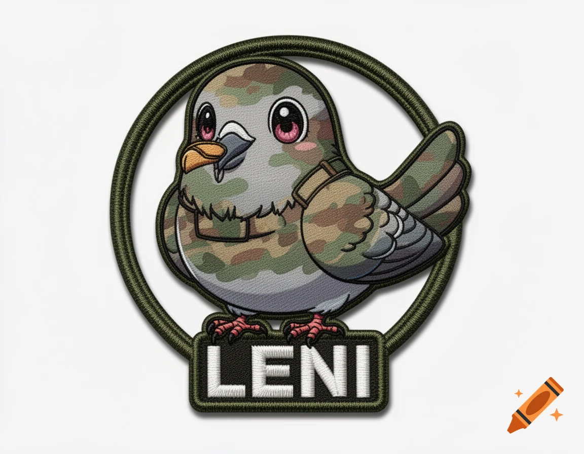 A cute, cartoon camouflage dove embroidered patch with the name 'LENI' on a banner.