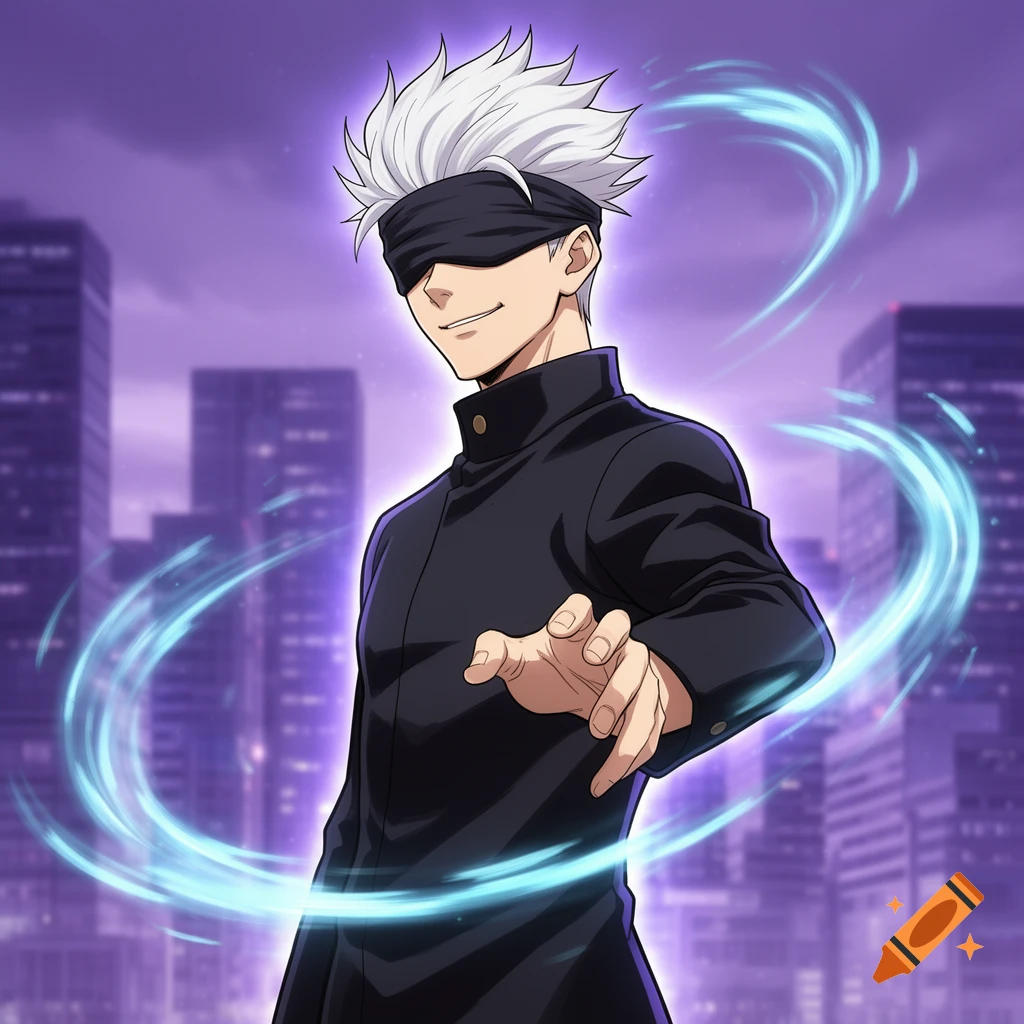 Anime character Gojo Satoru with white hair and a blindfold, smiling and extending his hand in a purple cityscape with blue energy.
