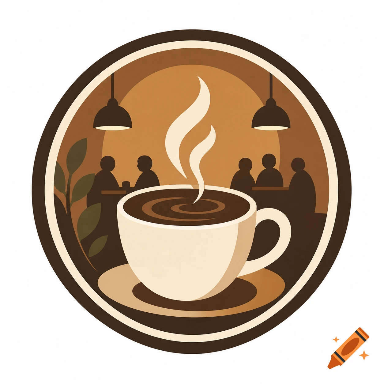 A circular logo featuring a steaming coffee cup with abstract figures and pendant lights in a cafe setting.