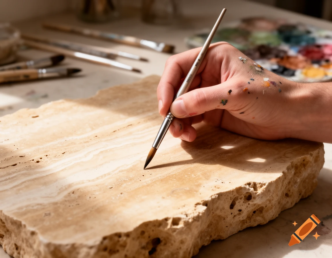 A paint-stained hand holds a paintbrush poised over a rough travertine stone, with art supplies in the background, in a close-up, photorealistic shot.