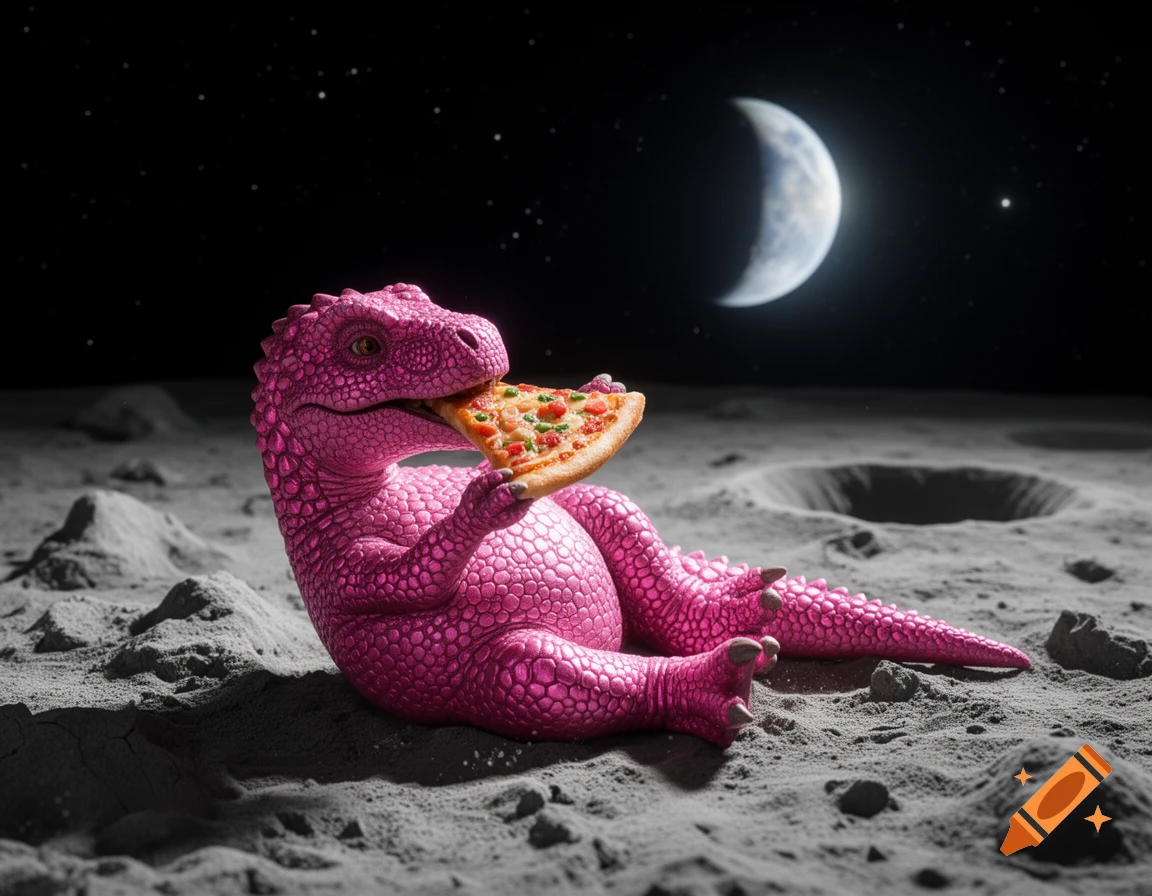 A pink dinosaur sits on the moon's surface, eating a slice of pizza under a crescent moon and starry sky.