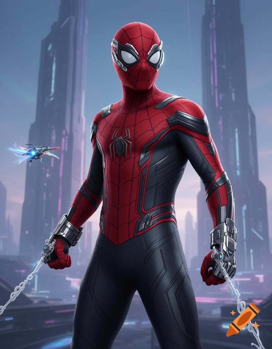 Spider-Man in a red and black suit with metallic web-shooters stands in a futuristic city with tall glowing buildings. A small drone flies in the background.