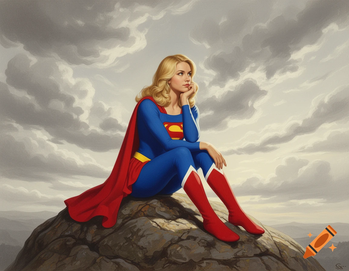 A blonde woman in a blue superhero suit with a red cape and red boots, sits on a large boulder, looking wistfully into the distance with her chin resting on her hand. Overcast skies and distant mountains are in the background. Painted in the style of Norman Rockwell.
