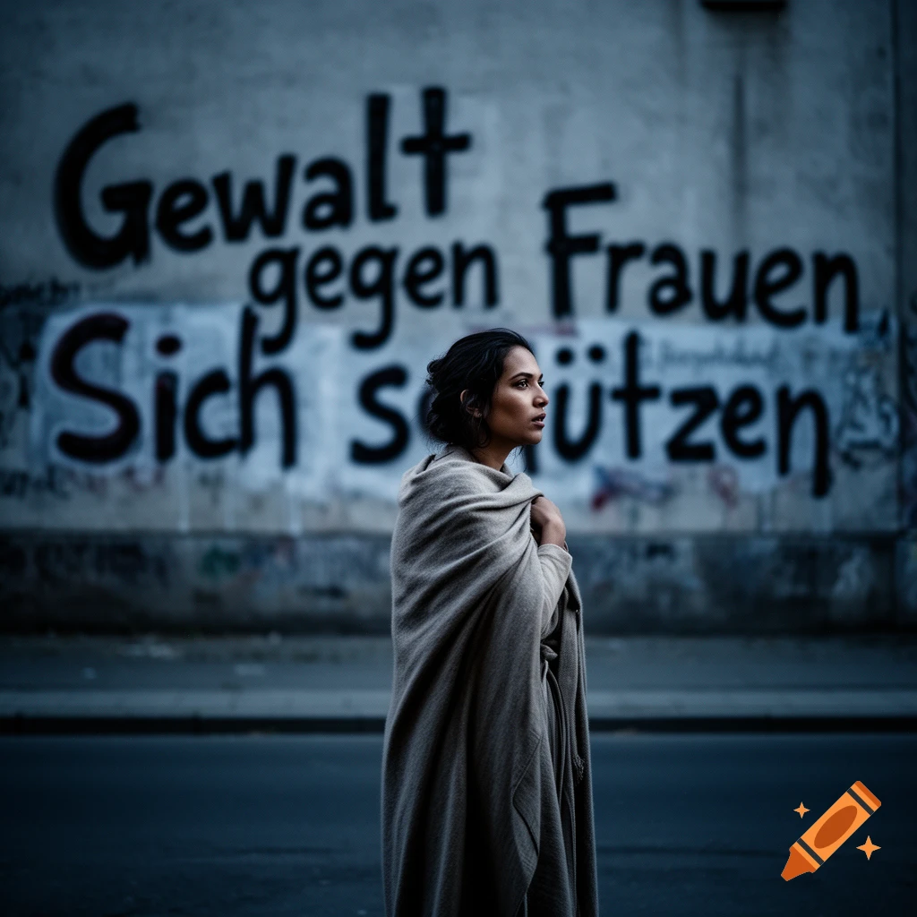 A somber woman in a blanket stands before a wall with German graffiti: 'Violence against women, Protect oneself.' Photorealistic.
