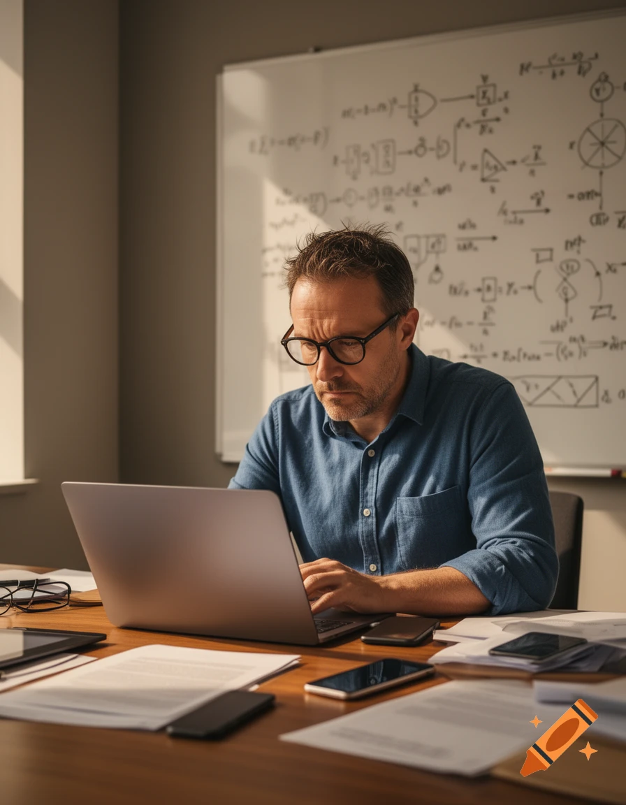 A man in glasses works on a laptop at a desk with papers and phones, a whiteboard filled with equations in the background.