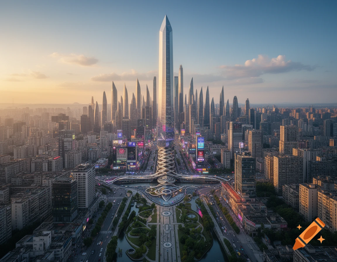 Aerial view of a futuristic cityscape with a central sword-shaped skyscraper, surrounded by numerous pointed buildings and urban sprawl at sunset.