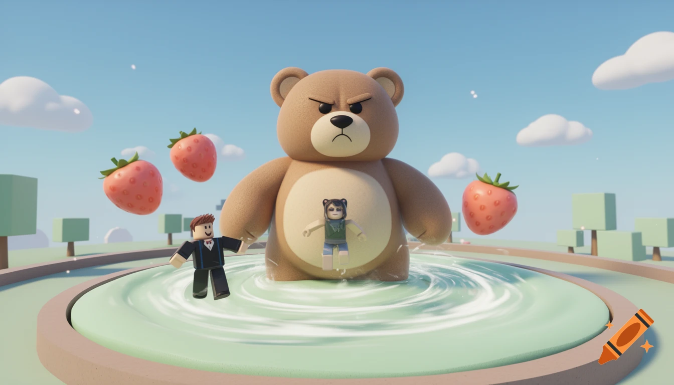 A giant grumpy teddy bear sits in a green pool, with two Roblox characters and floating strawberries in a 3D game arena.