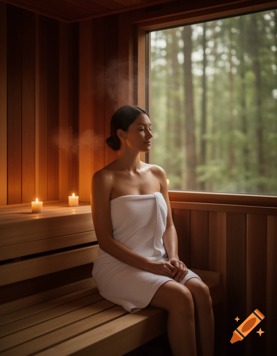 A woman in a white towel relaxes in a wooden sauna, with steam and a forest view through a window.