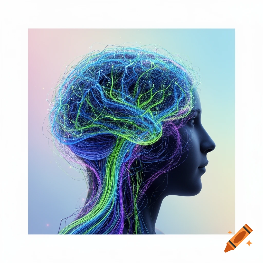 Profile of a dark human head with vibrant blue, green, and purple glowing lines representing neural networks.