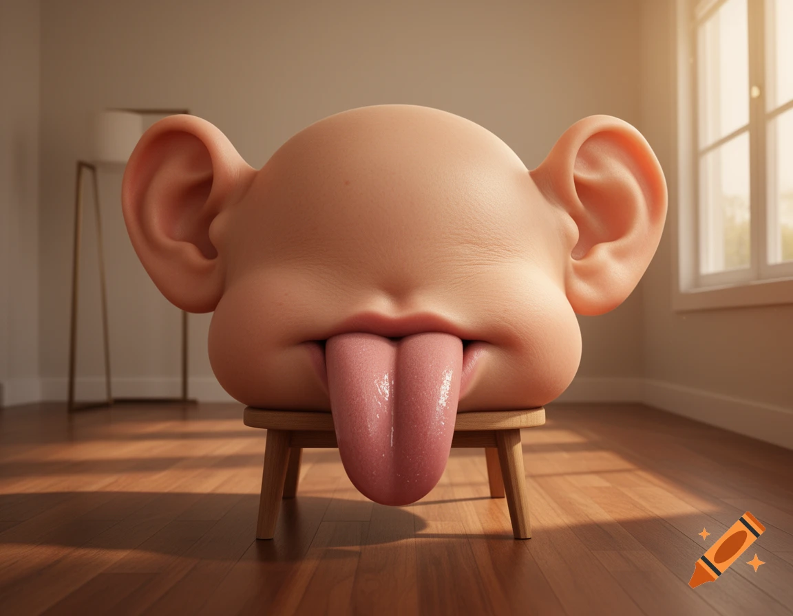 A large, smooth, peach-colored blob with human ears and a tongue sticking out, sitting on a small wooden stool in a sunlit room.