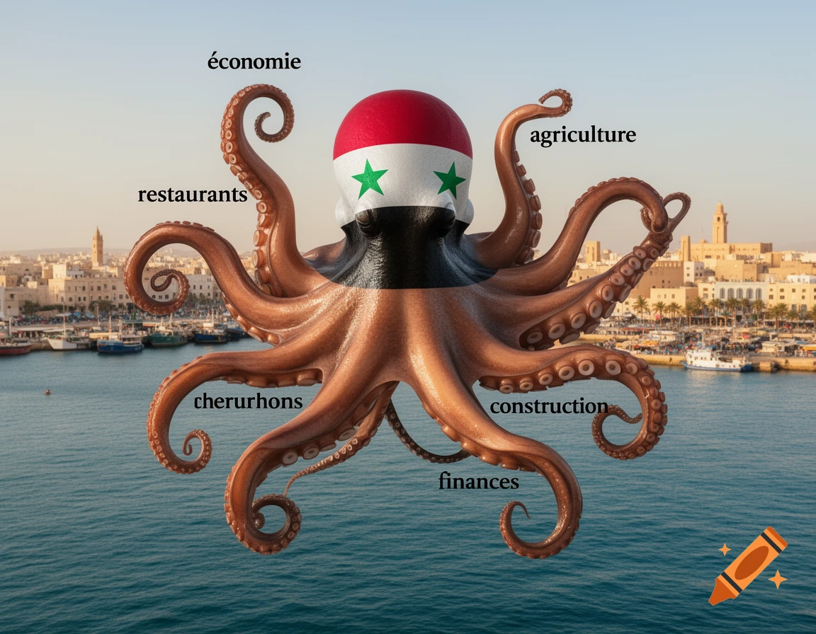 An octopus with the Syrian flag on its head floats above a body of water with a city in the background. Labels like "économie" and "agriculture" are on its tentacles.