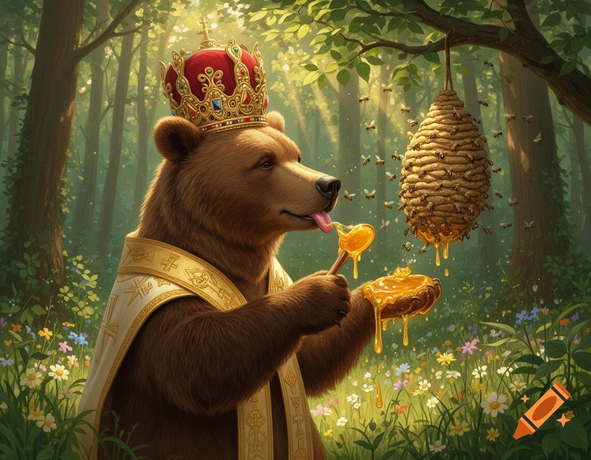 A majestic brown bear wearing a golden, jewel-encrusted crown and white pontifical vestment with gold trim, delicately licks honey from a spoon. He holds a bowl of dripping honey, standing in a sun-dappled forest with a beehive hanging from a tree, surrounded by flying bees and wildflowers.