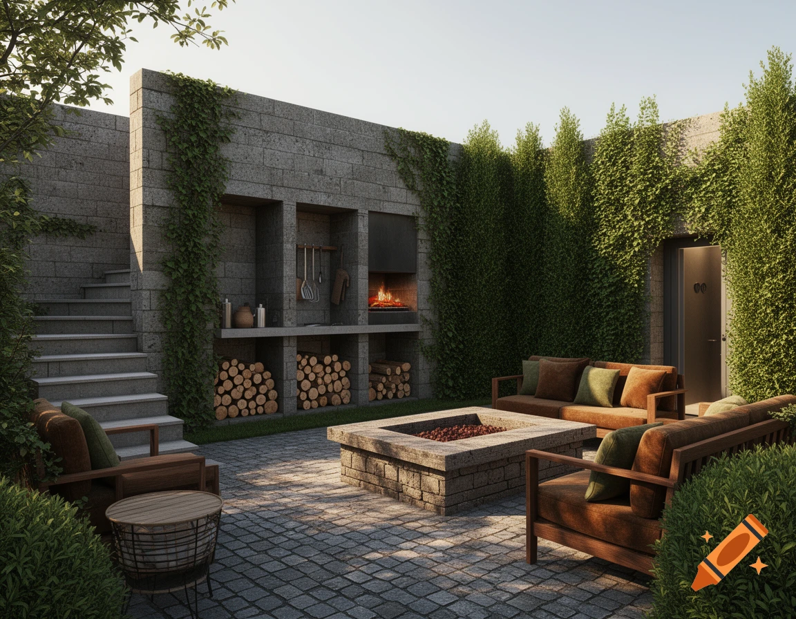 Photorealistic 3D render of a modern outdoor patio with a stone barbecue area, a central fire pit, and comfortable wooden sofas.