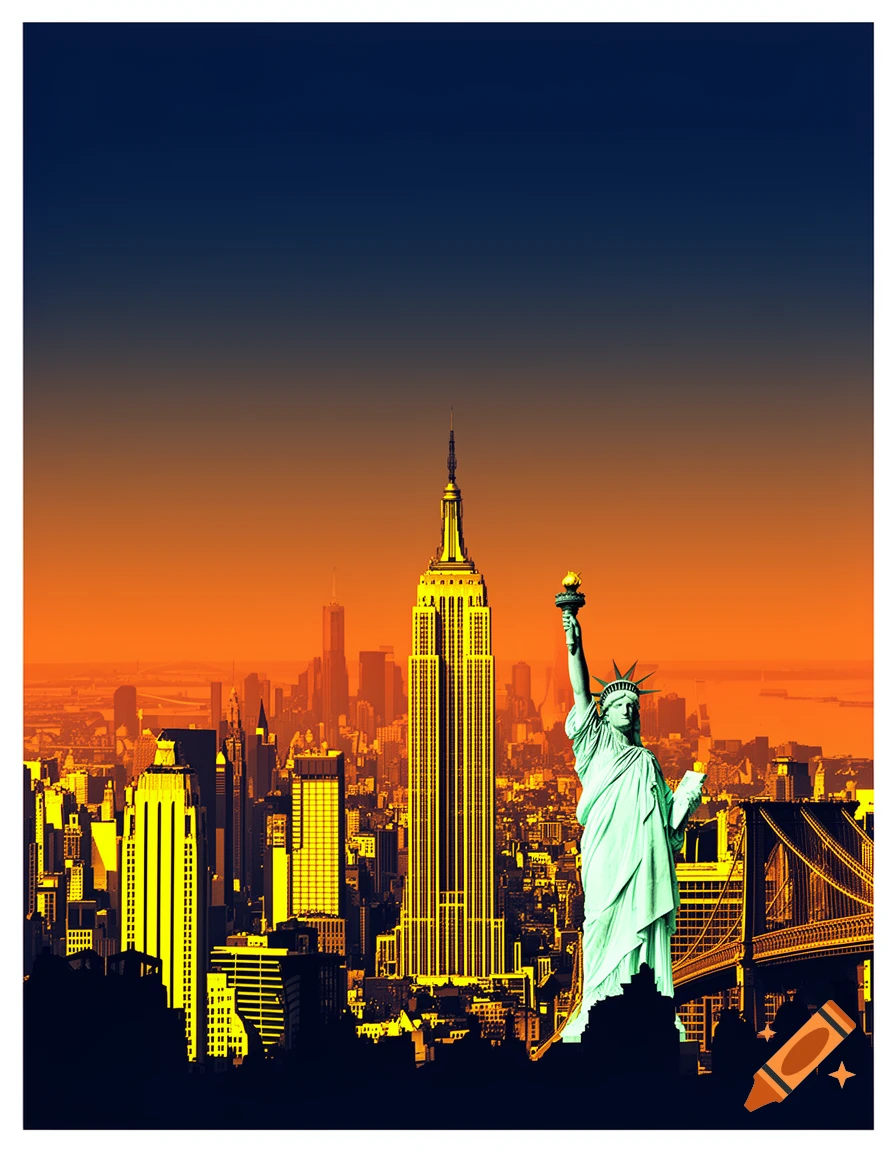Stylized graphic poster of the New York City skyline with the Empire State Building and Statue of Liberty at sunset.