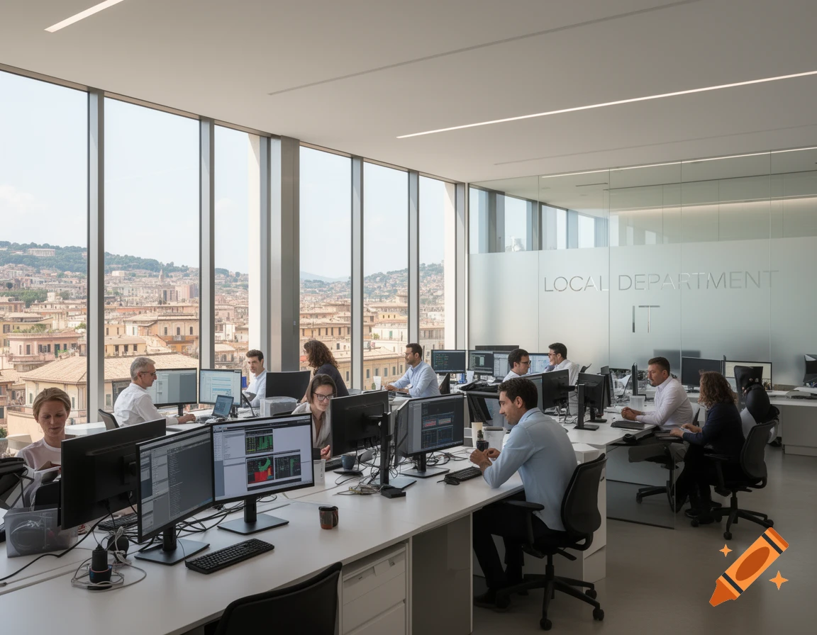 An open-plan office with employees working at desks, large windows overlook a city with hills, and 'LOCAL DEPARTMENT IT' is written on a frosted glass wall.