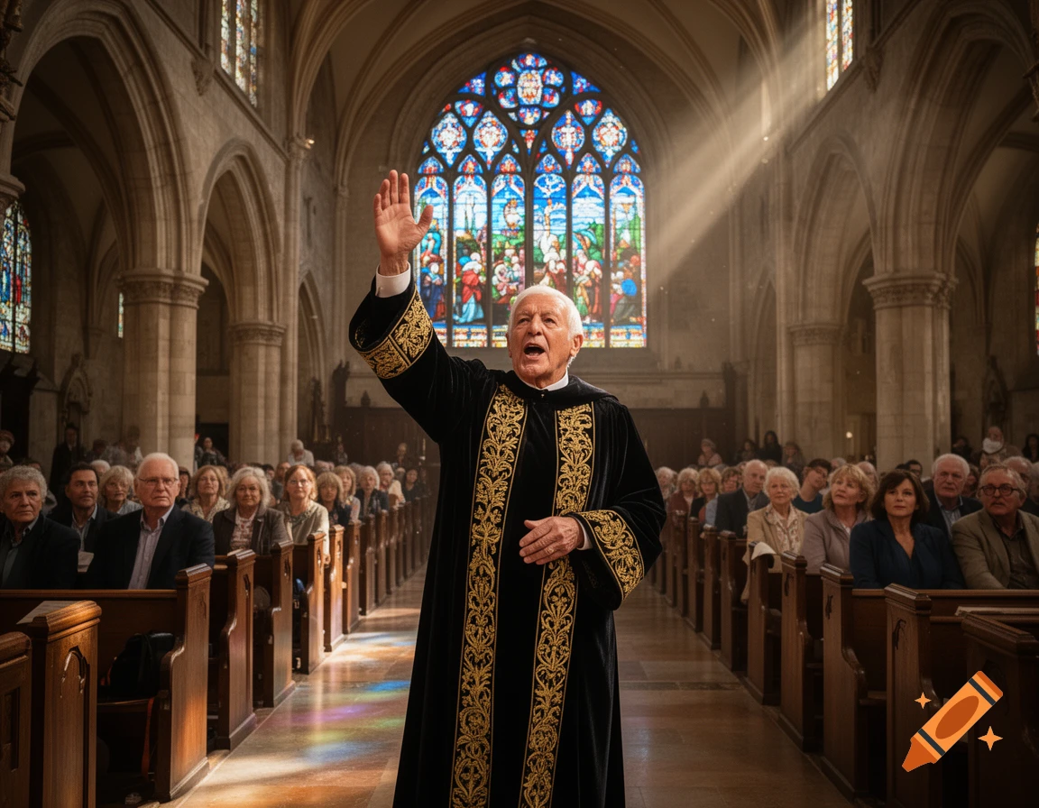 An elderly man in a black and gold robe preaches to a congregation in a grand church with stained glass windows.