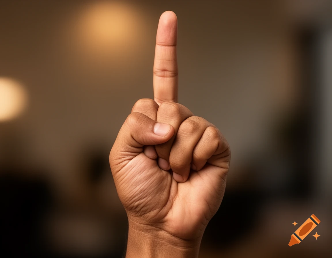 A close-up, photorealistic shot of a person's hand with brown skin, extending the middle finger upwards against a blurred background.