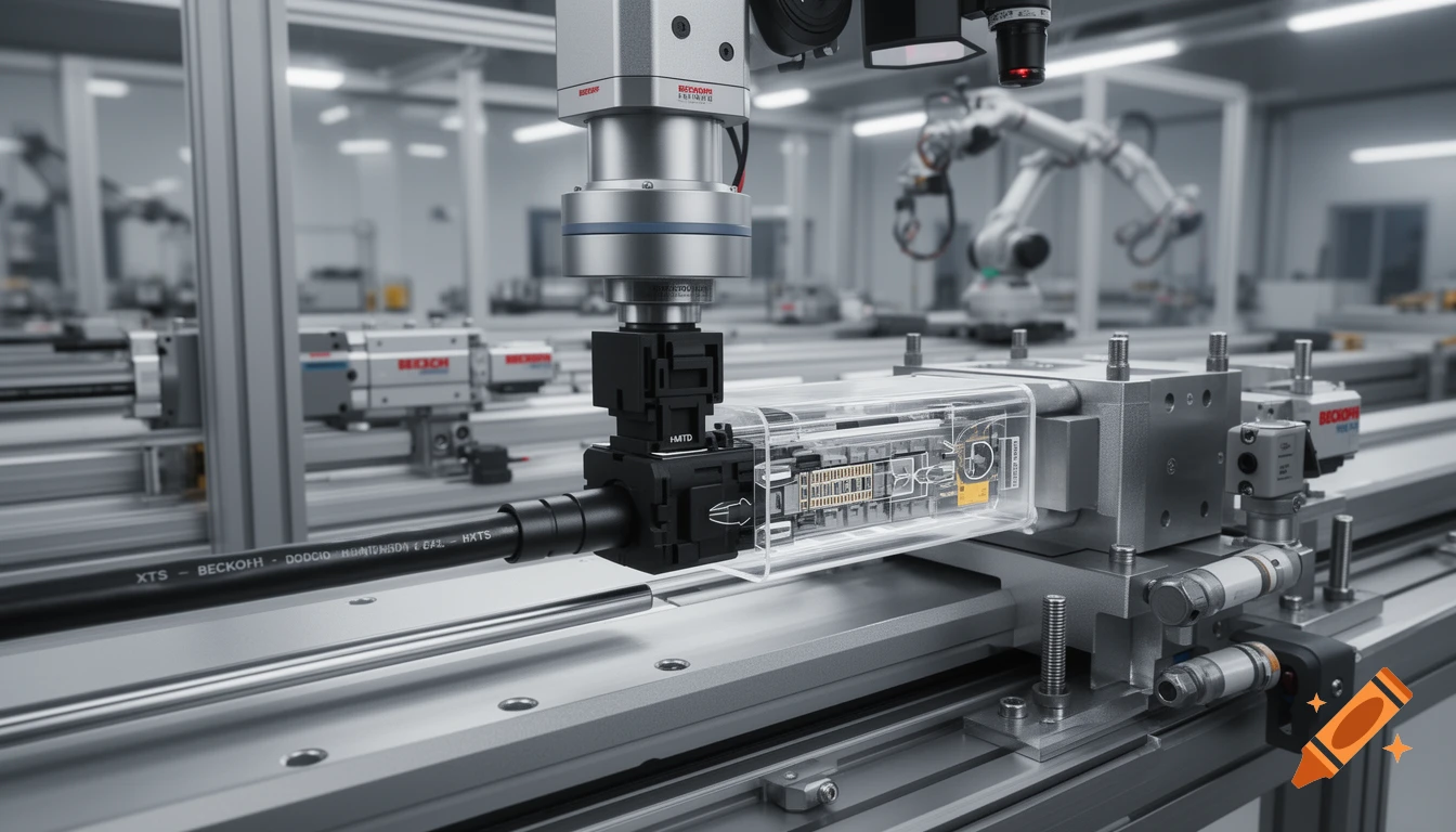 Close-up photorealistic shot of an industrial robot assembling an automotive connector on a conveyor system, with a transparent cutaway showing internal components.
