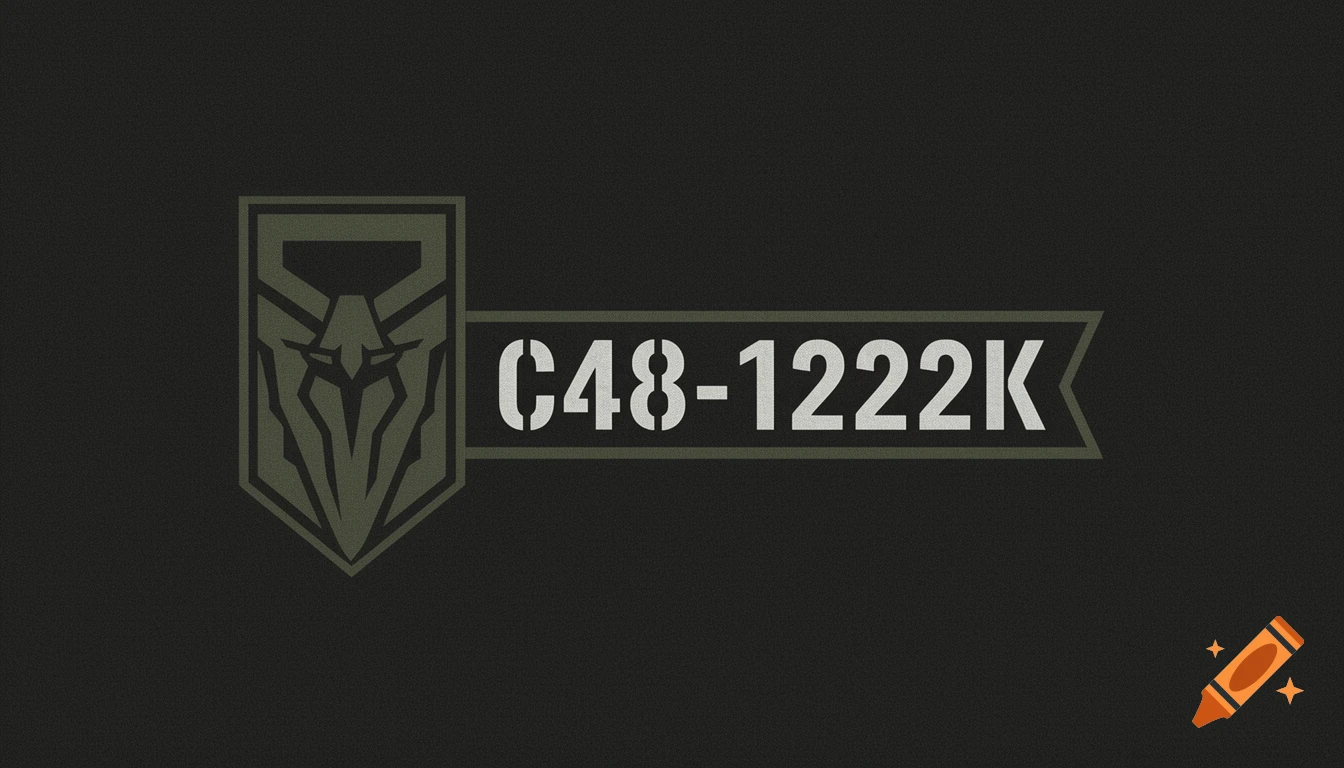 Dark green military-style emblem with an abstract symbol and the code C48-1222K on a banner.