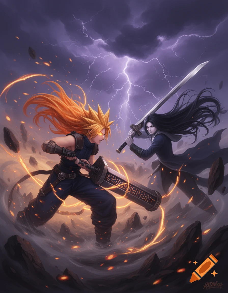 Genderbent Cloud Strife with orange hair and oversized club battles genderbent Sephiroth with black hair and katana amidst lightning and fiery debris in an anime style.
