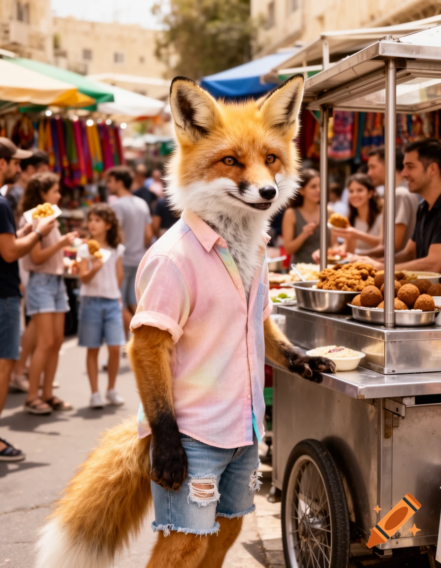 A photorealistic anthropomorphic fox in a pink shirt and ripped shorts stands by a falafel cart in a bustling market.