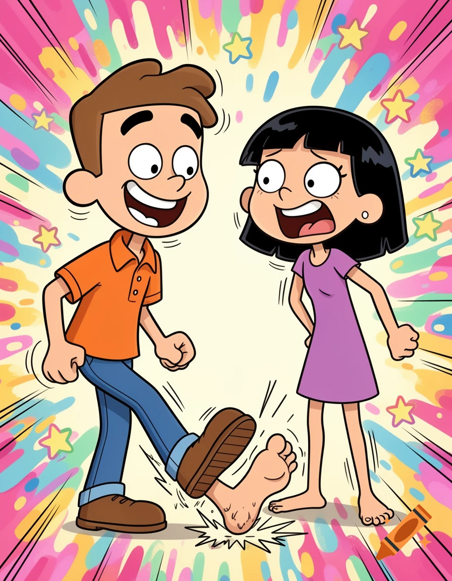 A cartoon boy with brown hair happily steps on a barefoot cartoon girl's foot, who looks shocked, against a colorful star-filled background.