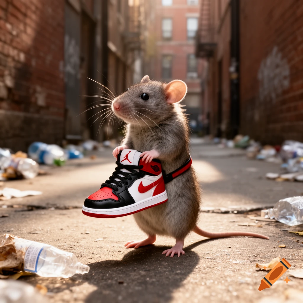 A photorealistic rat holds a red, white, and black Air Jordan 1 sneaker in a sunlit, trash-filled urban alley.