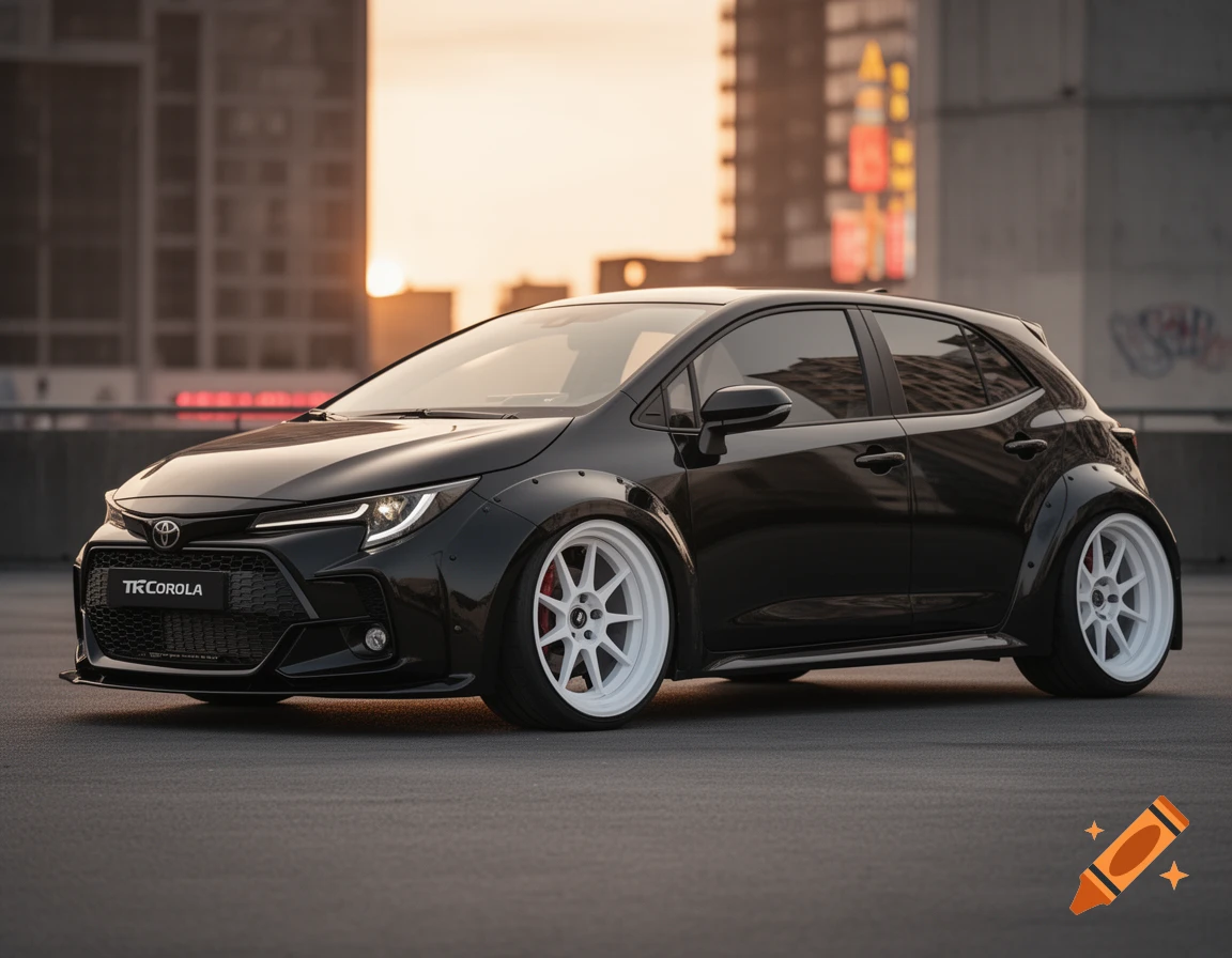 Black modified Toyota Corolla hatchback with white wheels, parked on a rooftop at sunset, with city buildings in the background.