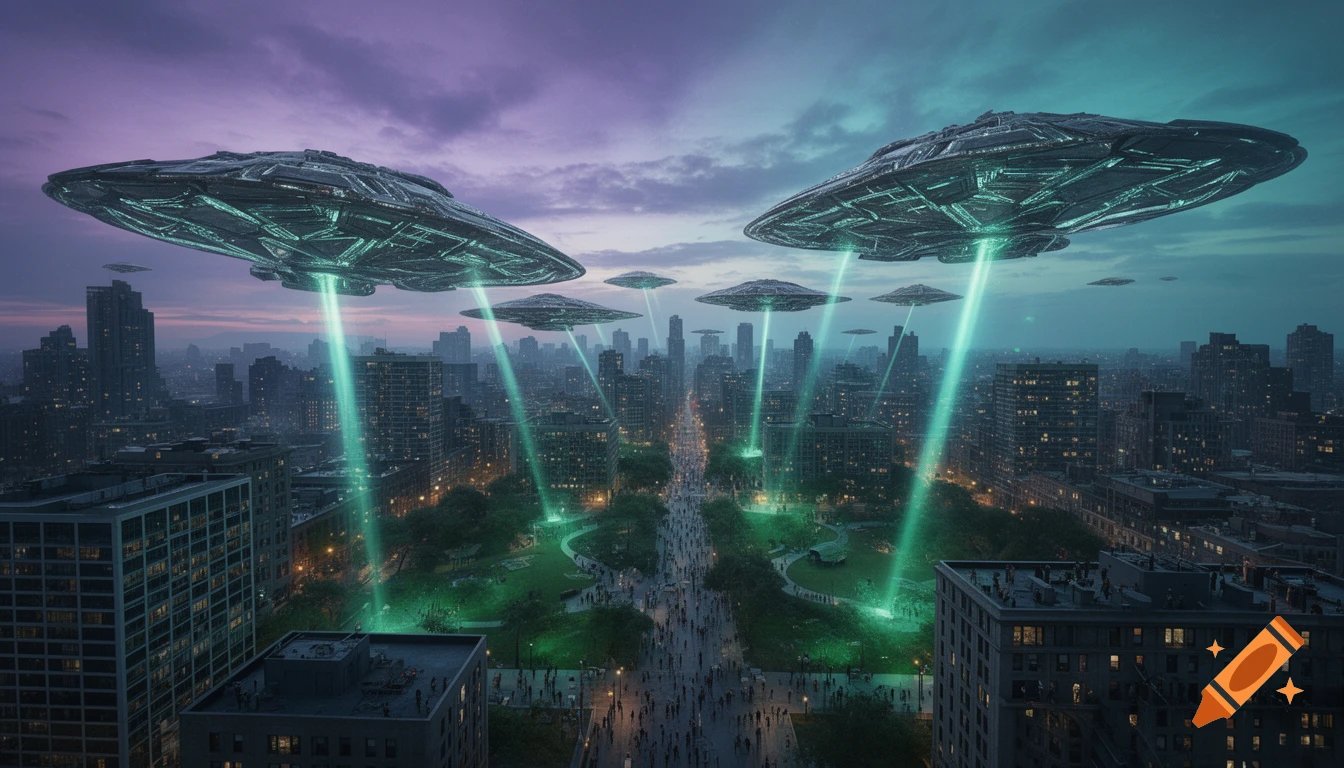 Multiple metallic flying saucers hover over a city at dusk, casting green light beams onto crowded streets.