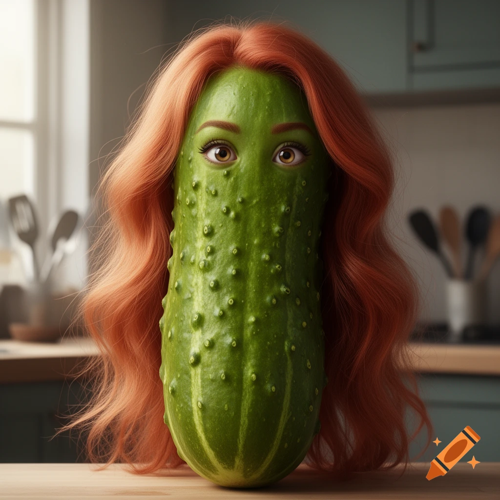 A photorealistic image of a large green pickle standing upright, with female eyes and long wavy light red hair, in a kitchen.