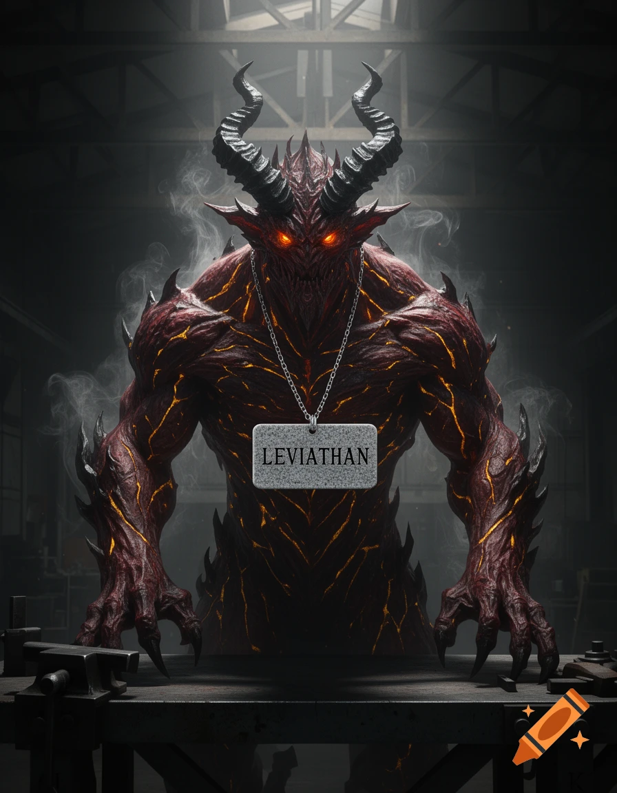 A formidable red demon with glowing eyes, large horns, and a name tag reading "LEVIATHAN" stands in a dark, smoky setting.