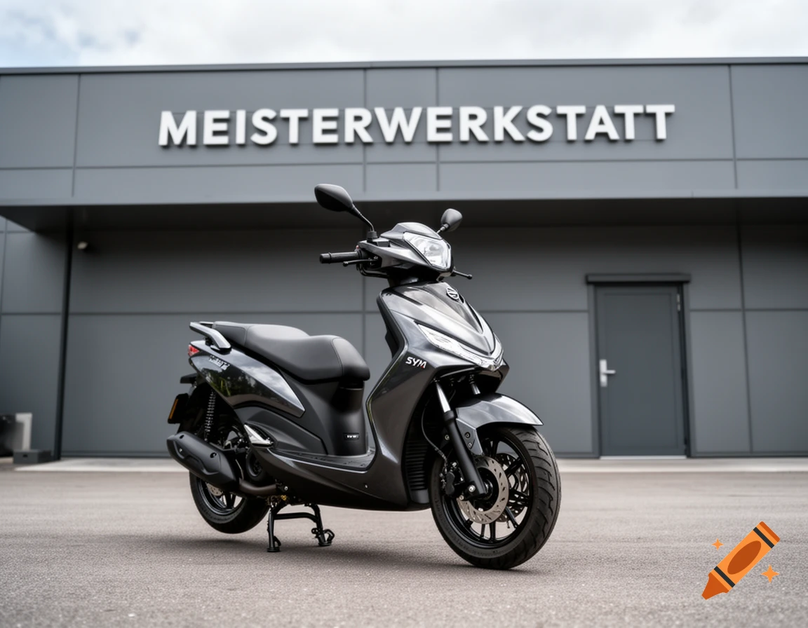 A dark gray SYM scooter parked in front of a modern gray workshop building with 'MEISTERWERKSTATT' signage under an overcast sky.