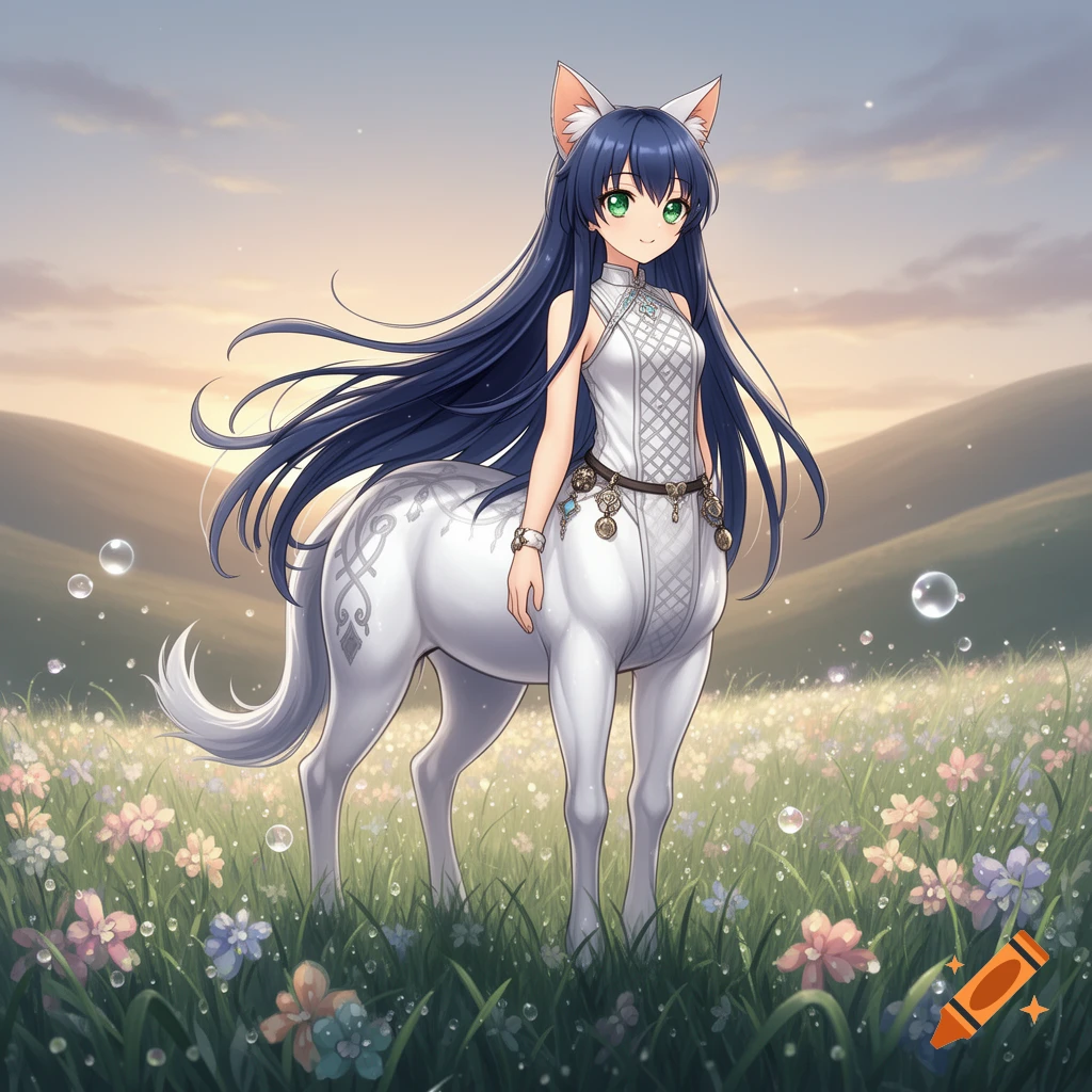 Anime cat-eared centaur with long blue hair stands in a field of wildflowers during sunset.