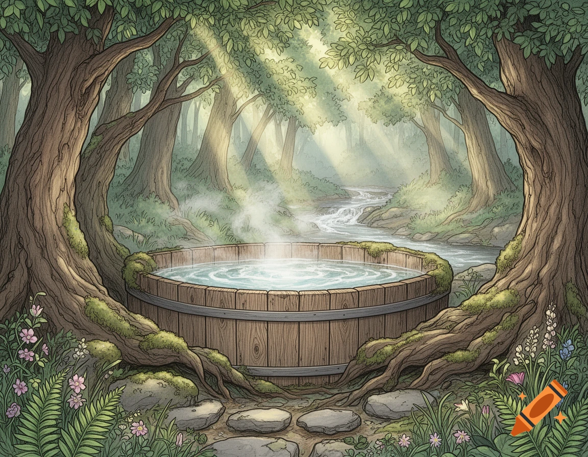 A hand-drawn illustration of a steaming wooden hot tub nestled between two mossy trees in a sun-dappled forest with a winding stream.