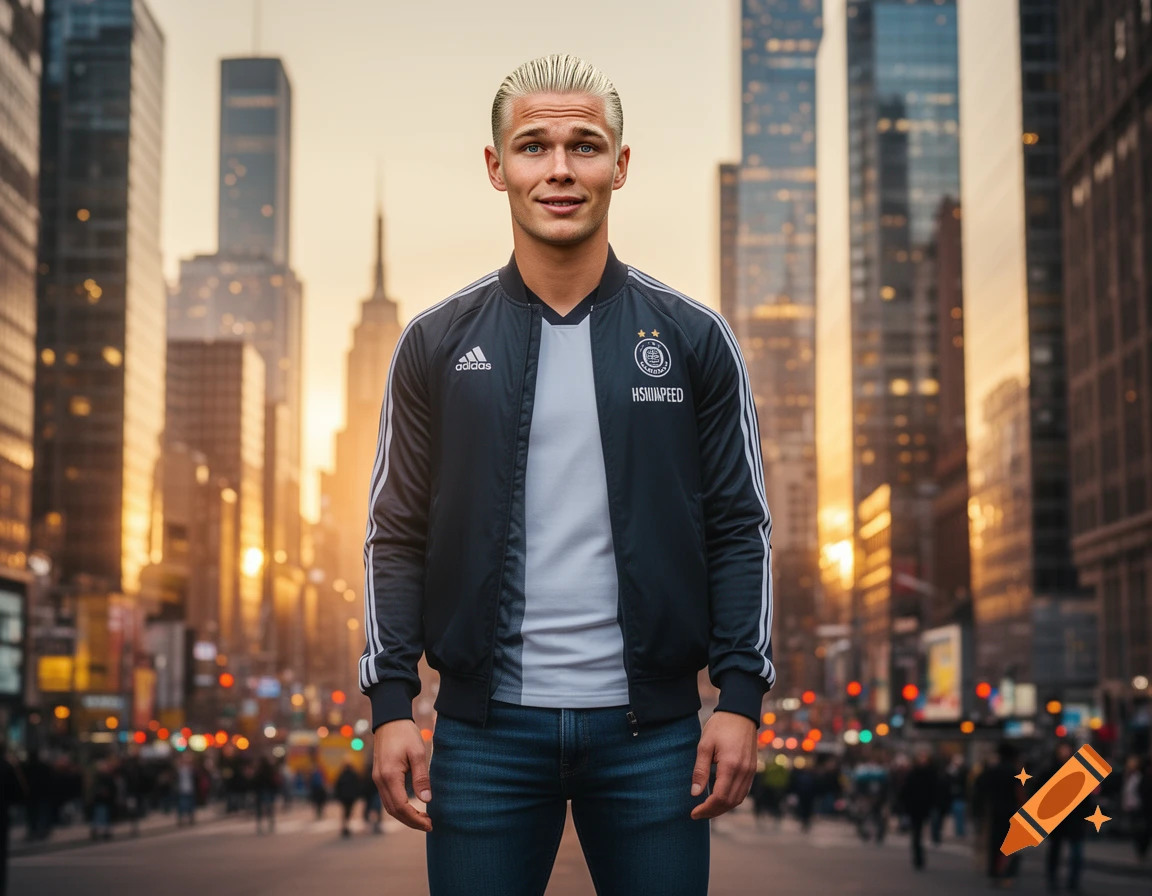 A blonde man in a dark tracksuit jacket and jeans stands smiling on a city street with tall buildings and a sunset glow in the background.
